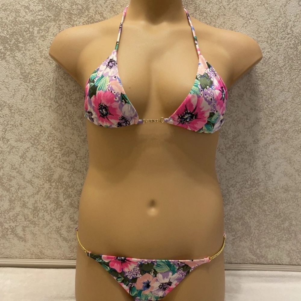 Victoria's Secret Pink and Green Floral Gild Chain Bikini